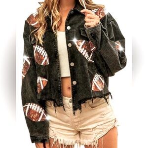 Happlan Football Sequin Embroidery Cropped Frayed Hem Corduroy Jacket